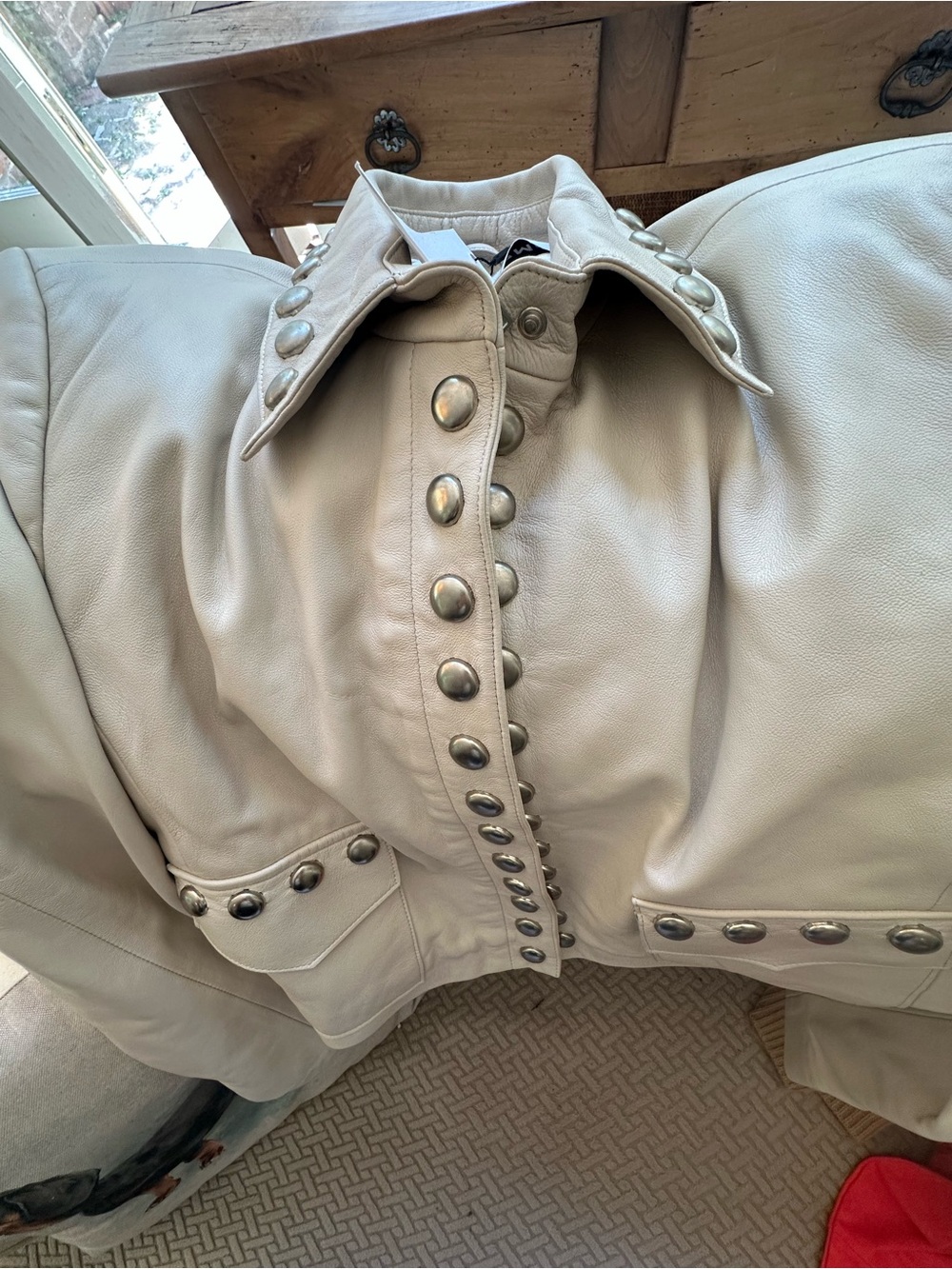 Cream Leather Jacket with Silver Stud Accents